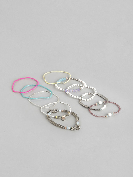 Women Set of 10 Silver-Toned & Off White Silver-Plated Armlet Bracelet
