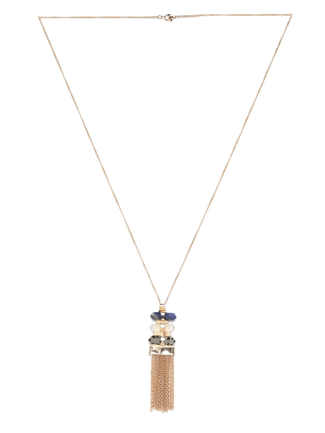 Blue & Grey Rose Gold-Plated Stone-Studded Tasselled Pendant with Chain