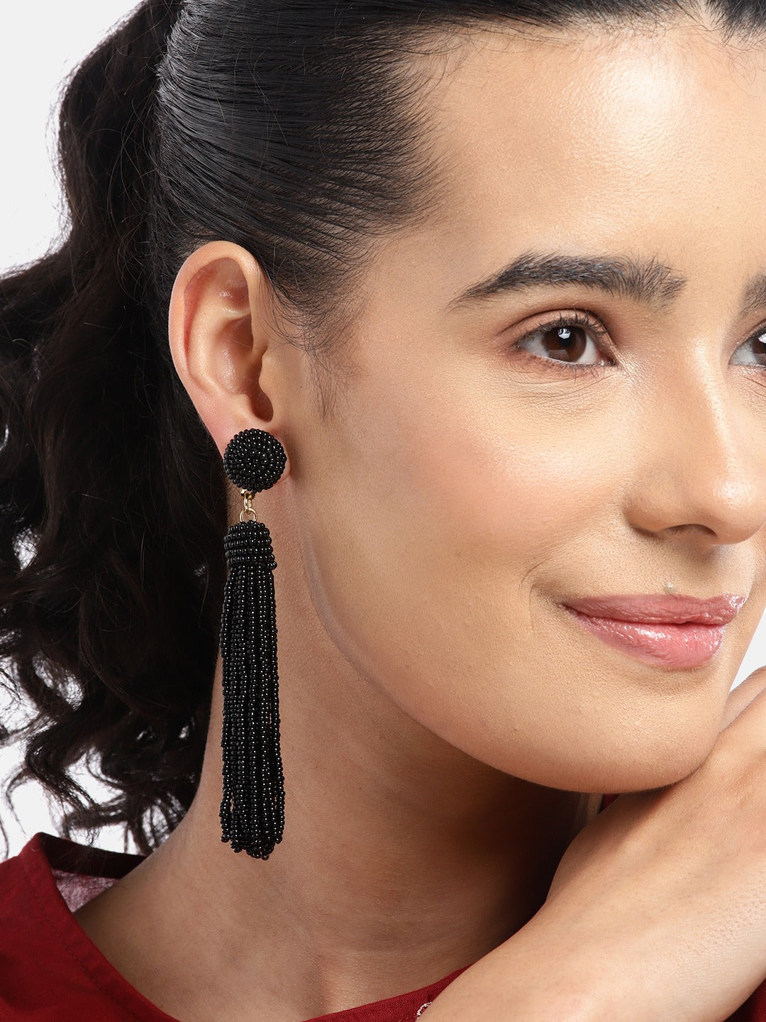 Gold-Plated Quirky Artificial Black Beads Drop Earrings