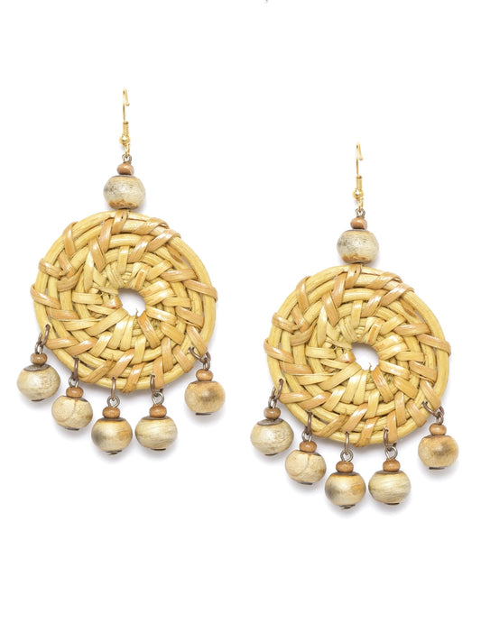 Beige & Brown Basketweave Beaded Circular Drop Earrings