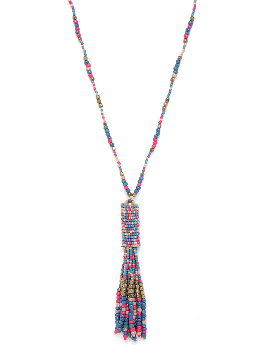 Women Blue & Pink Gold-Plated Beaded Tasselled Necklace