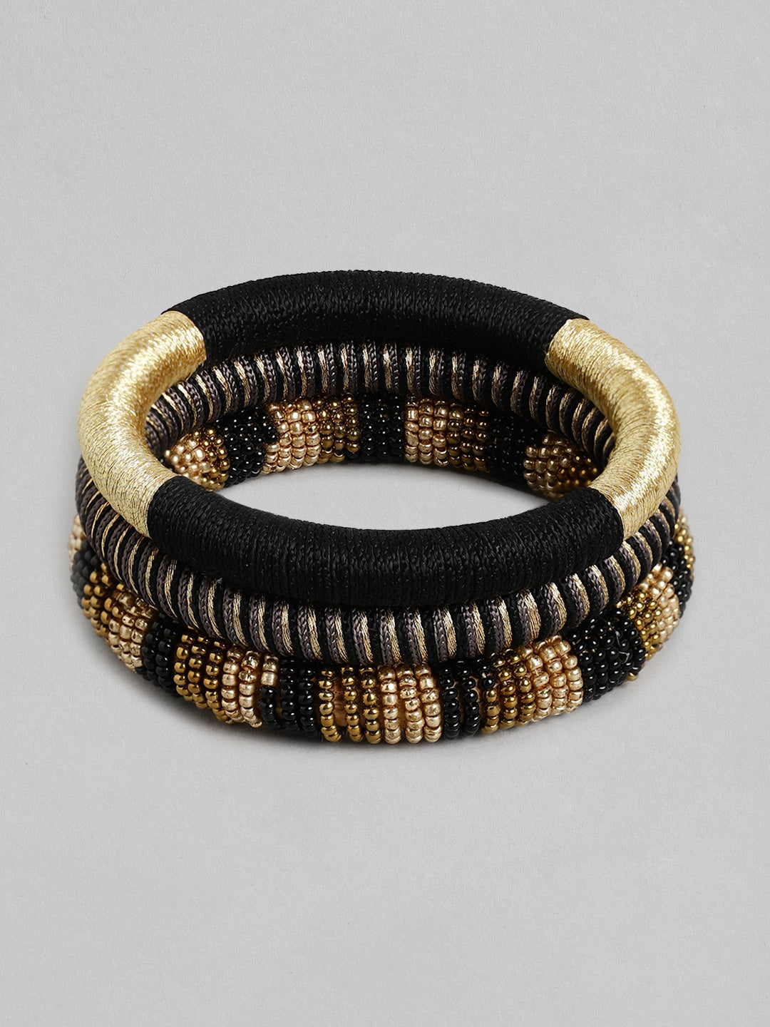 Women Set of 3 Black & Gold-Toned Wood Bangle-Style Bracelet