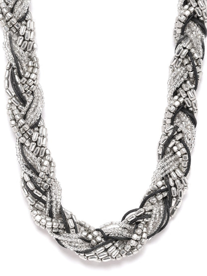 Women Black Silver-Plated Artificial Beaded Braided Necklace