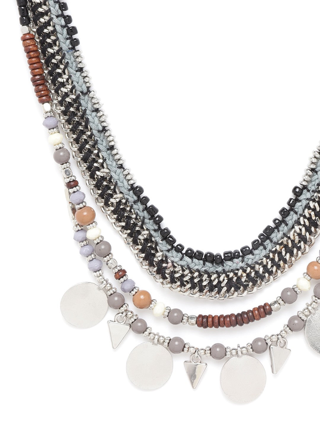 Grey & Black Silver-Plated Beaded Layered Tribal Necklace