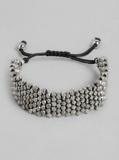 Women Silver-Toned & Black Silver-Plated Wraparound Bracelet