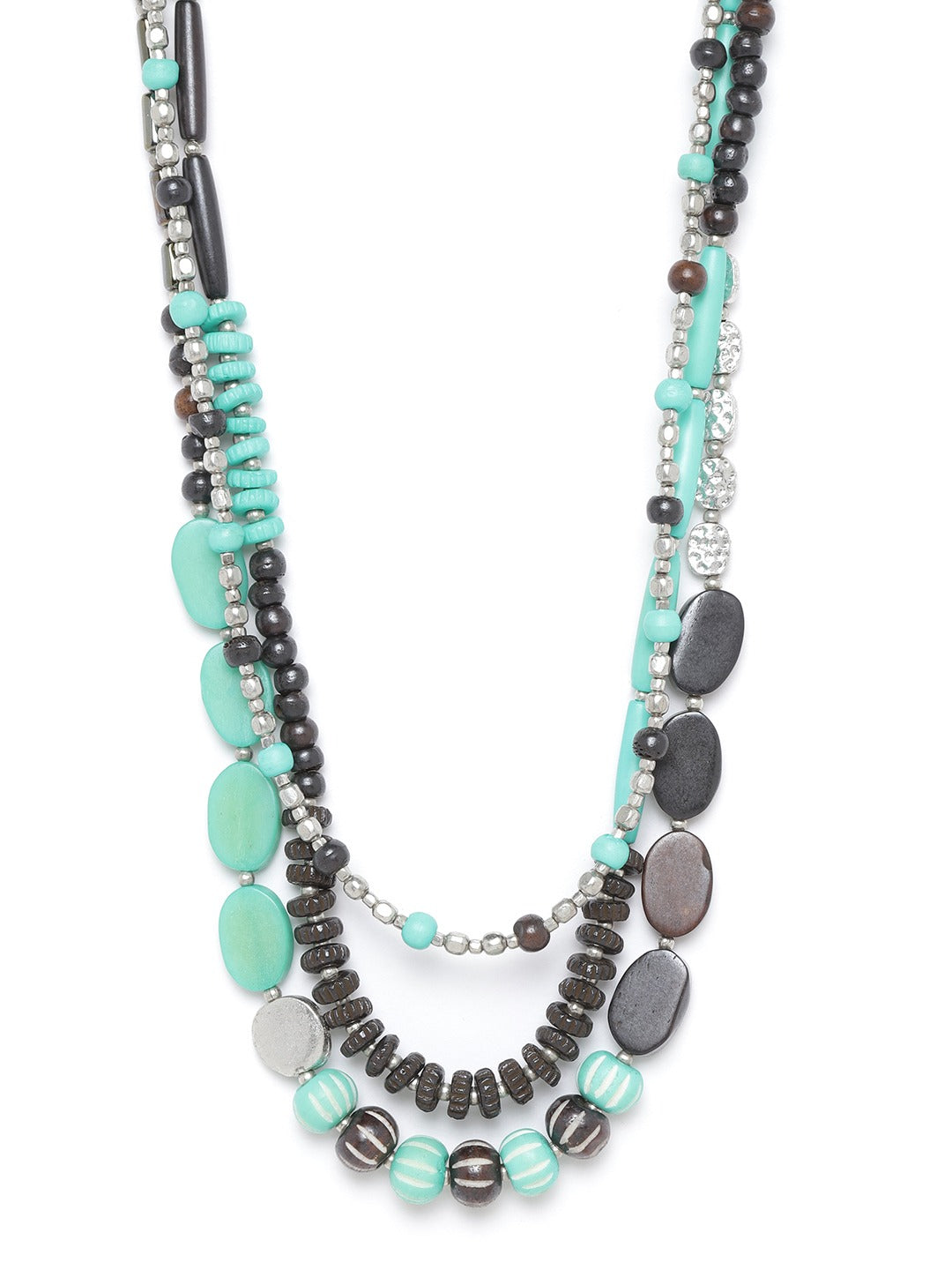 Women Sea Green & Coffee Brown Silver-Plated Beaded Layered Necklace