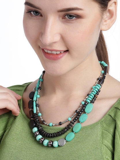 Women Sea Green & Coffee Brown Silver-Plated Beaded Layered Necklace