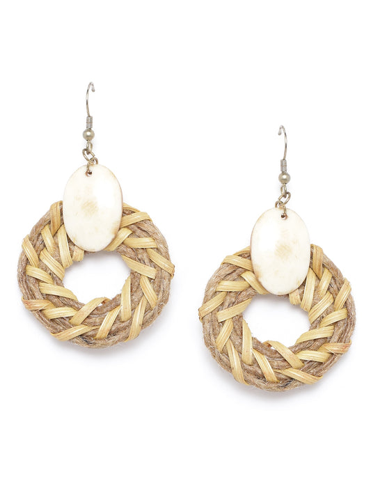 RICHEERA Brown & Beige Cane & Jute Basketweave Circular Drop Earrings