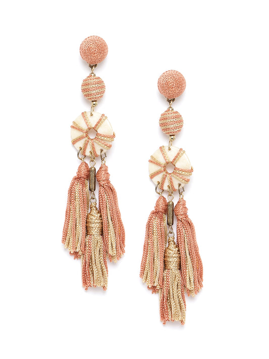 Peach-Coloured & Beige Gold-Plated Tasselled Geometric Drop Earrings