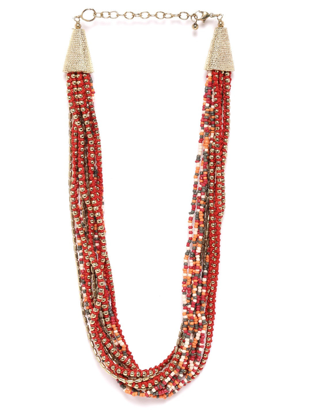 Red & Orange Gold-Plated Beaded Layered Necklace