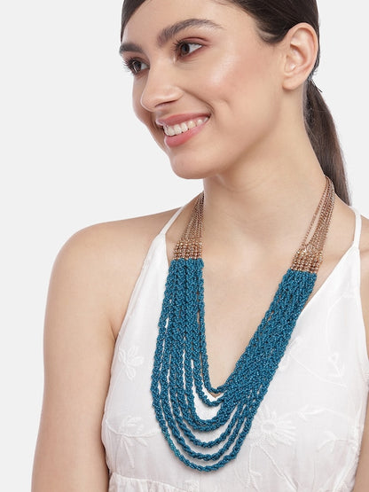 Turquoise Blue & Rose Gold Rose Gold-Plated Beaded Layered Necklace