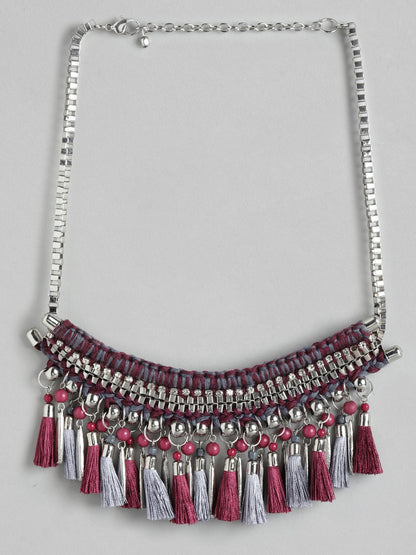 Purple & Silver-Toned Tasselled Statement Necklace