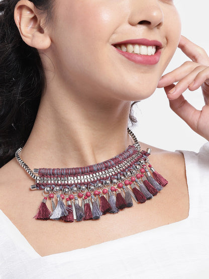Purple & Silver-Toned Tasselled Statement Necklace