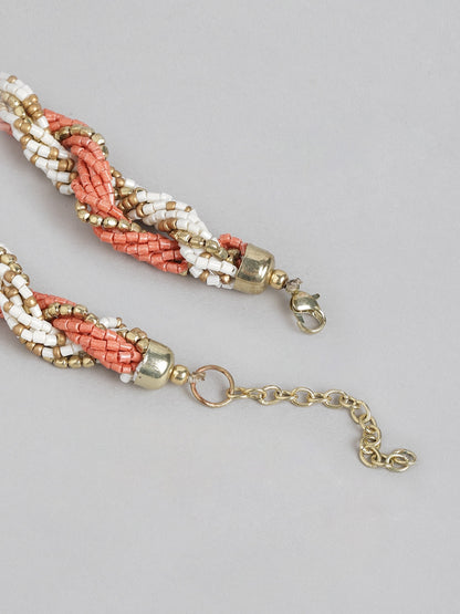 Peach-Coloured & White Gold-Plated Layered Necklace