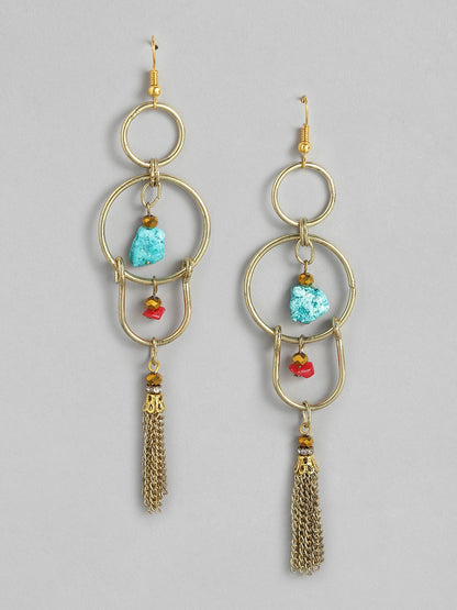 Gold-Toned & Turquoise Blue Contemporary Drop Earrings