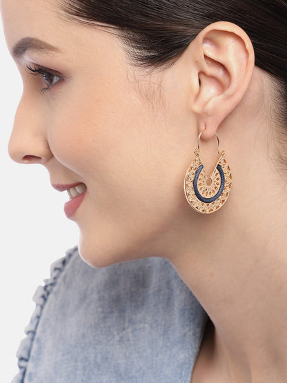 Gold-Toned & Blue Circular Drop Earrings