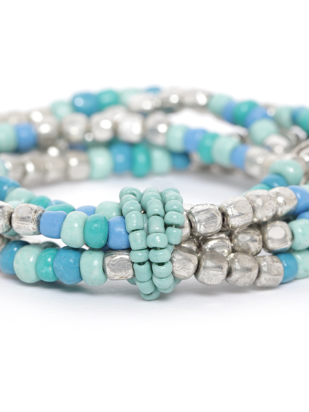 Blue & Silver-Toned Beaded Multistranded Elasticated Bracelet