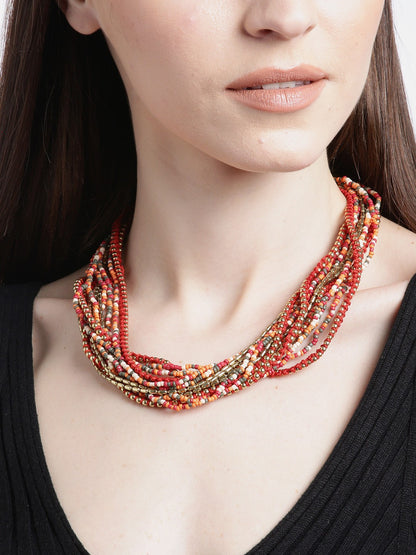 Red & Orange Gold-Plated Beaded Layered Necklace