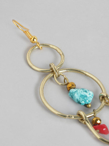 Gold-Toned & Turquoise Blue Contemporary Drop Earrings