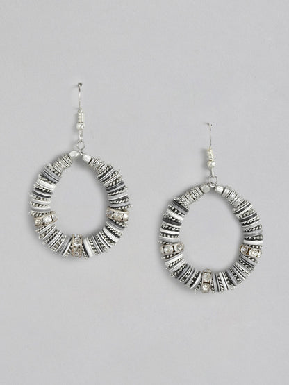 Grey & Silver-Toned Circular Drop Earrings