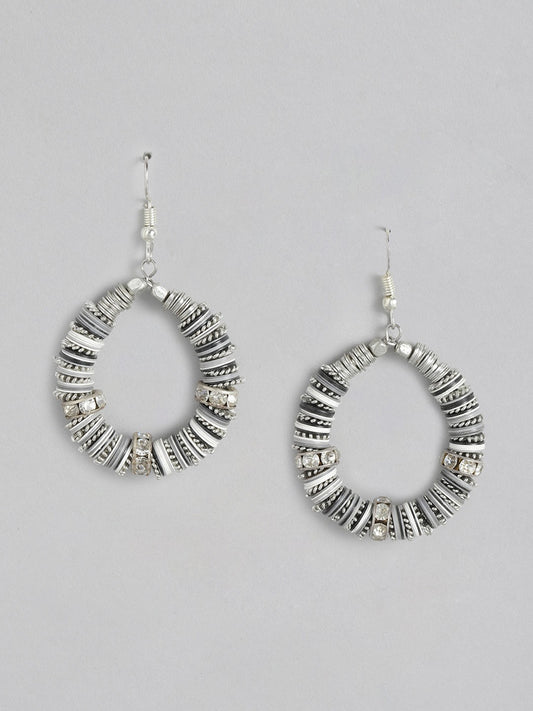 Grey & Silver-Toned Circular Drop Earrings