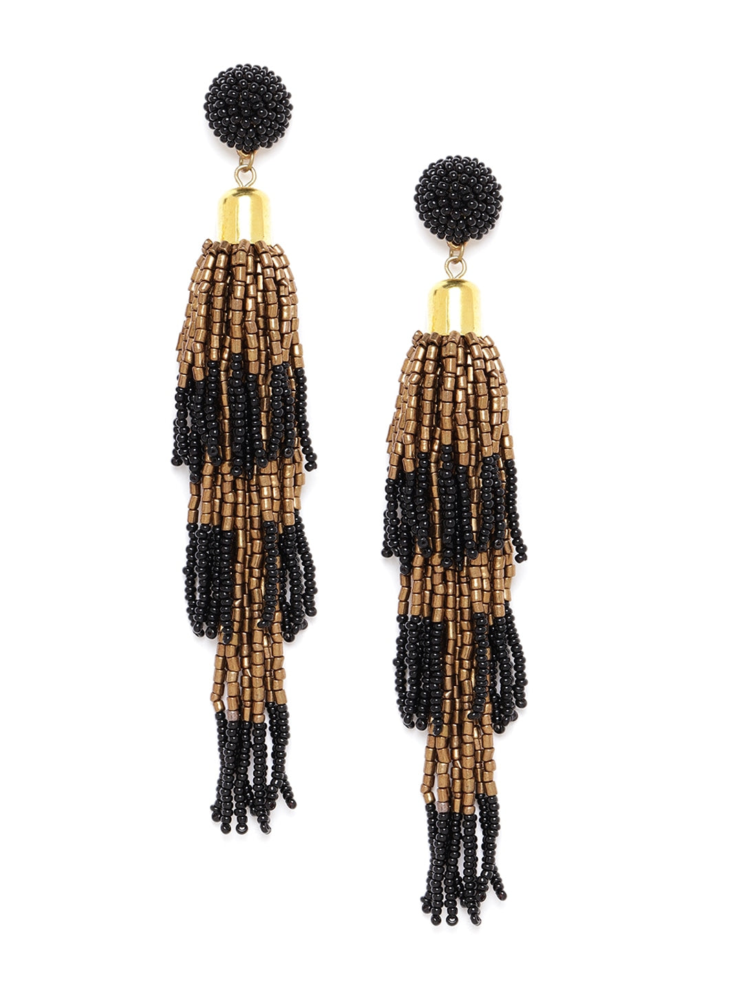 RICHEERA Black & Bronze-Toned Gold-Plated Beaded Tasselled Contemporary Drop Earrings