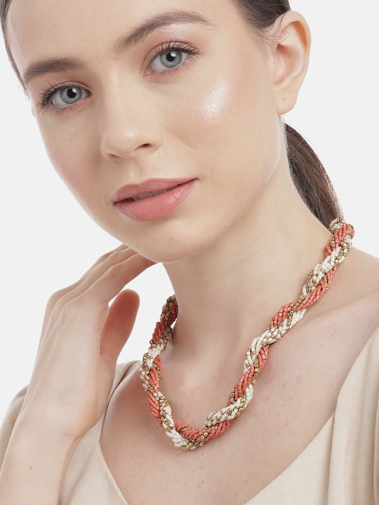 Peach-Coloured & White Gold-Plated Layered Necklace