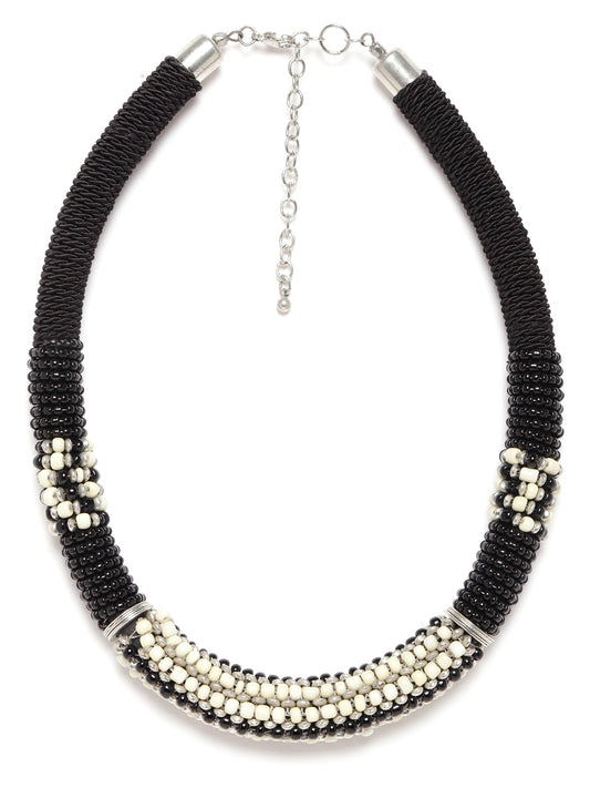Black & Off-White Silver-Plated Artificial Beaded Necklace