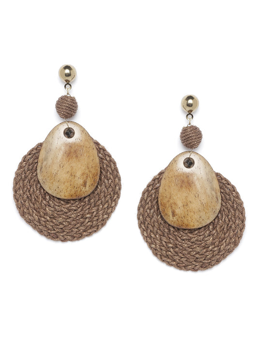 Brown Gold-Plated Woven Design Circular Drop Earrings