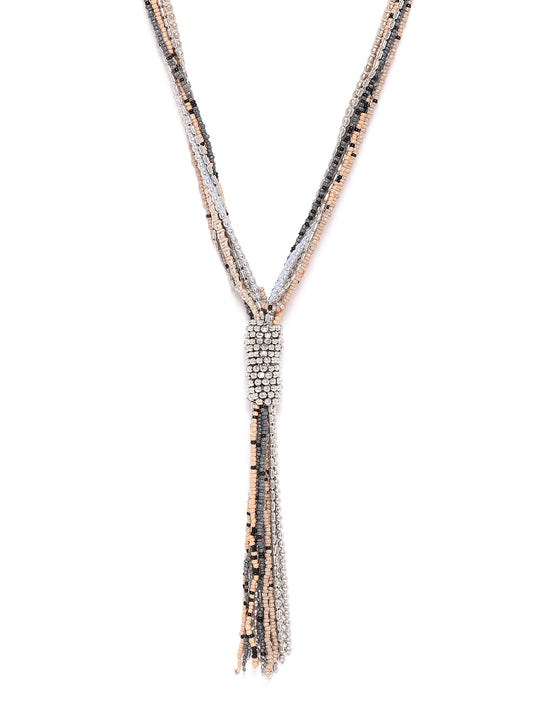 Women Silver-Toned & Blue Beaded Multi-Stranded Tasselled Necklace
