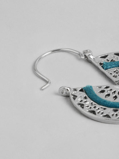 Silver-Toned & Blue Circular Drop Earrings