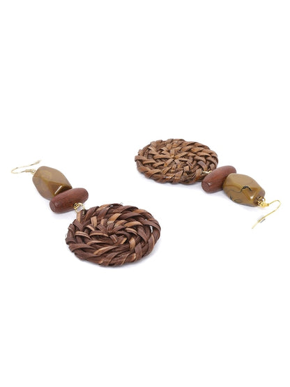 Brown Basketweave Circular Drop Earrings