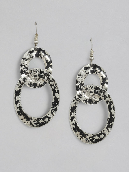 Silver-Toned & Black Circular Drop Earrings