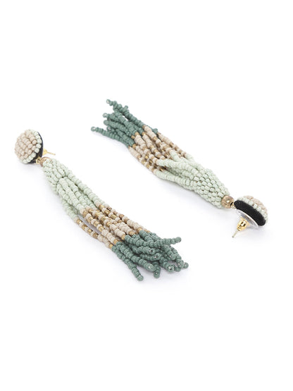 Green & Beige Gold-Plated Beaded Tasselled Drop Earrings