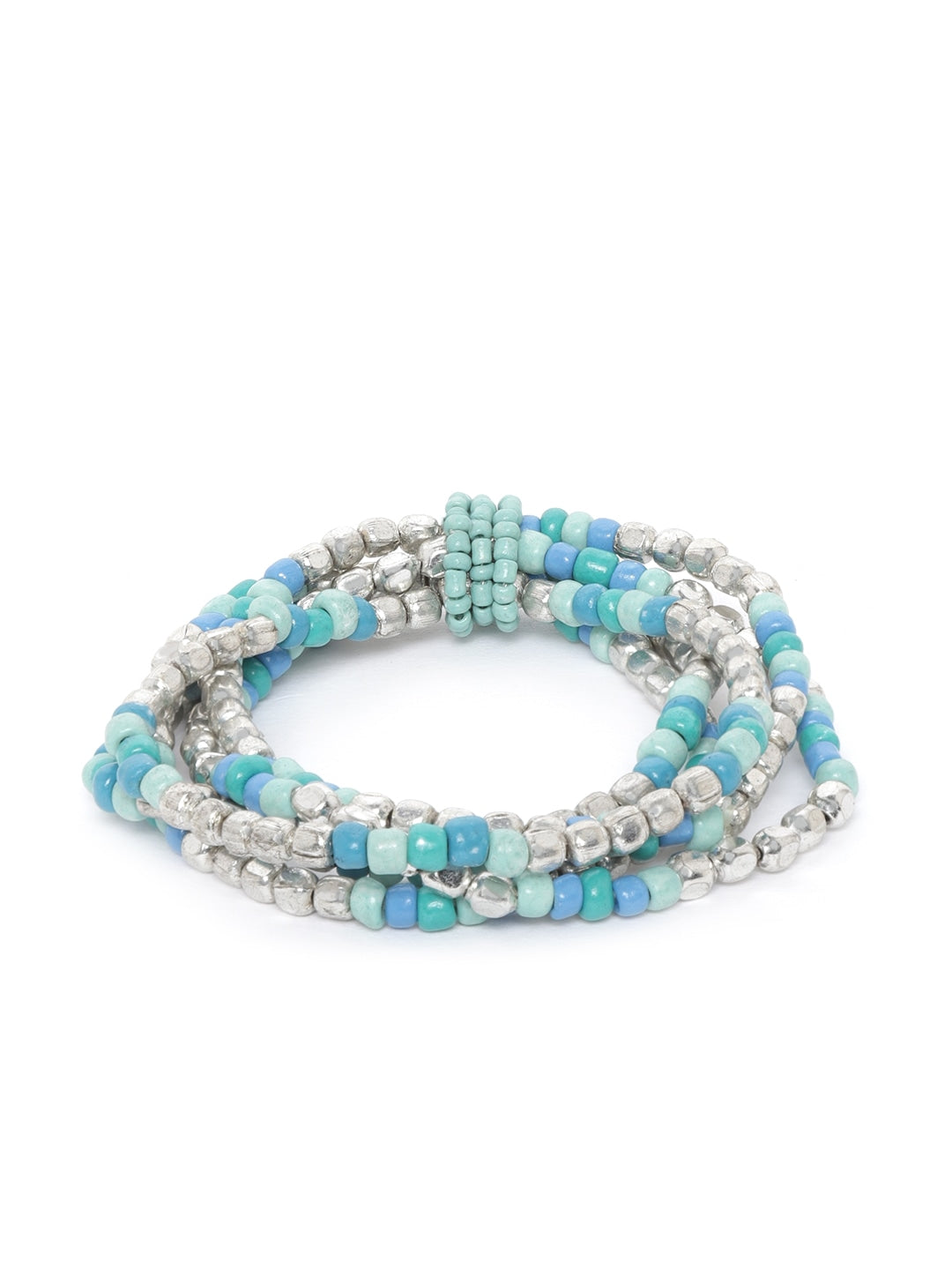 Blue & Silver-Toned Beaded Multistranded Elasticated Bracelet