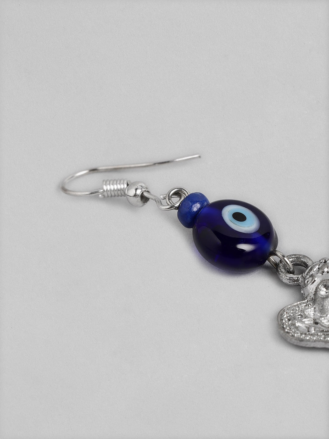 Silver-Toned & Blue Evil Eye Drop Earrings