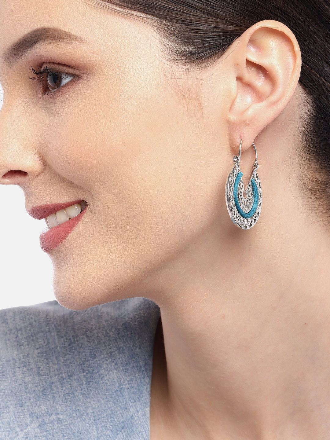Silver-Toned & Blue Circular Drop Earrings