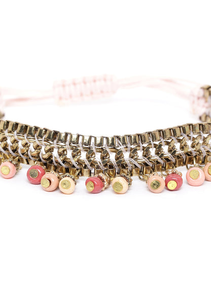 Peach-Coloured Antique Gold-Plated Beaded Bracelet