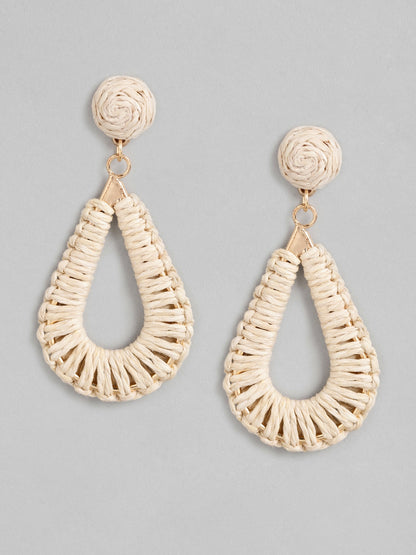 Beige & Gold- Toned Teardrop Shaped Drop Earrings