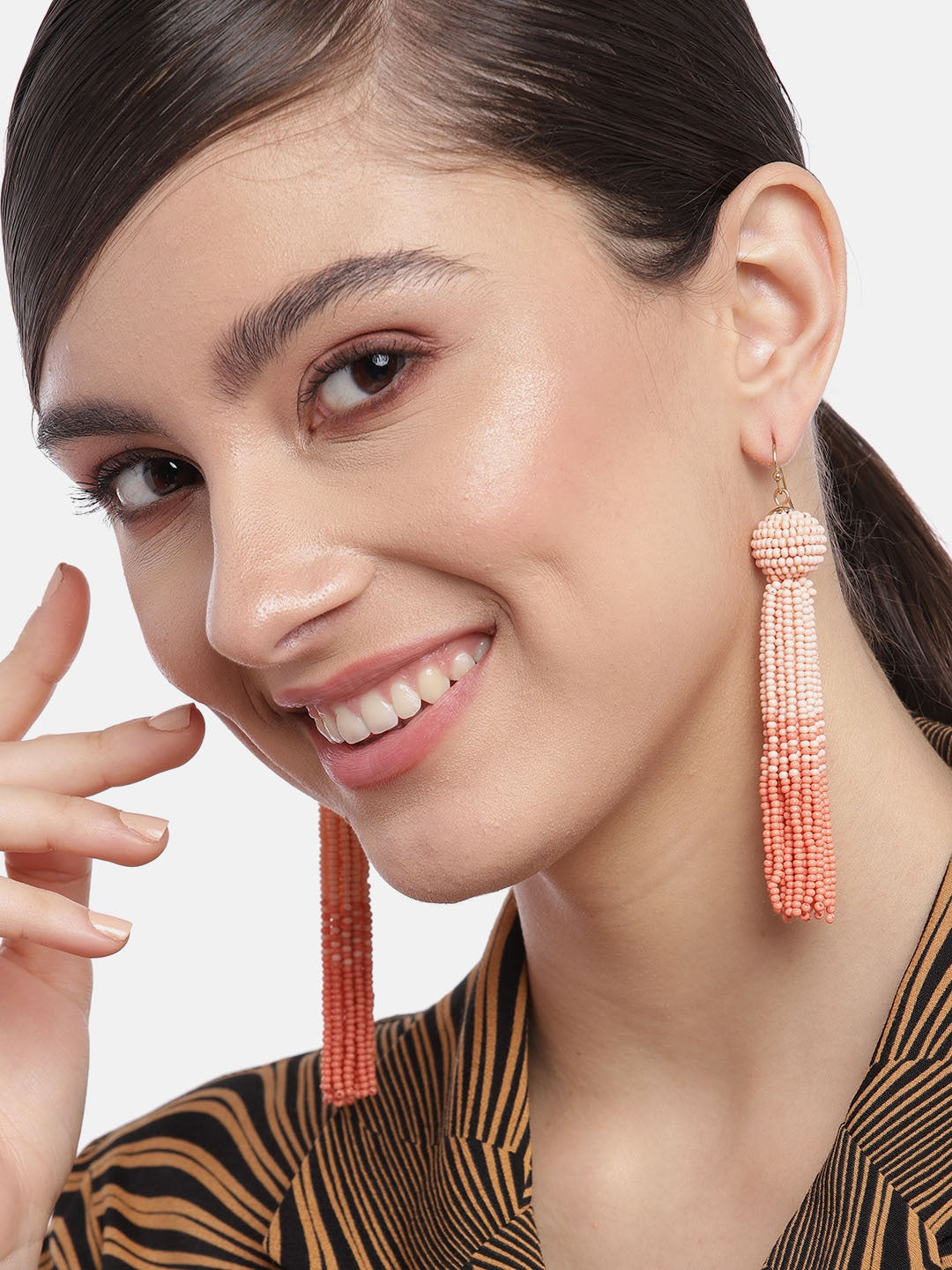 Peach-Coloured Circular Beaded Drop Earrings