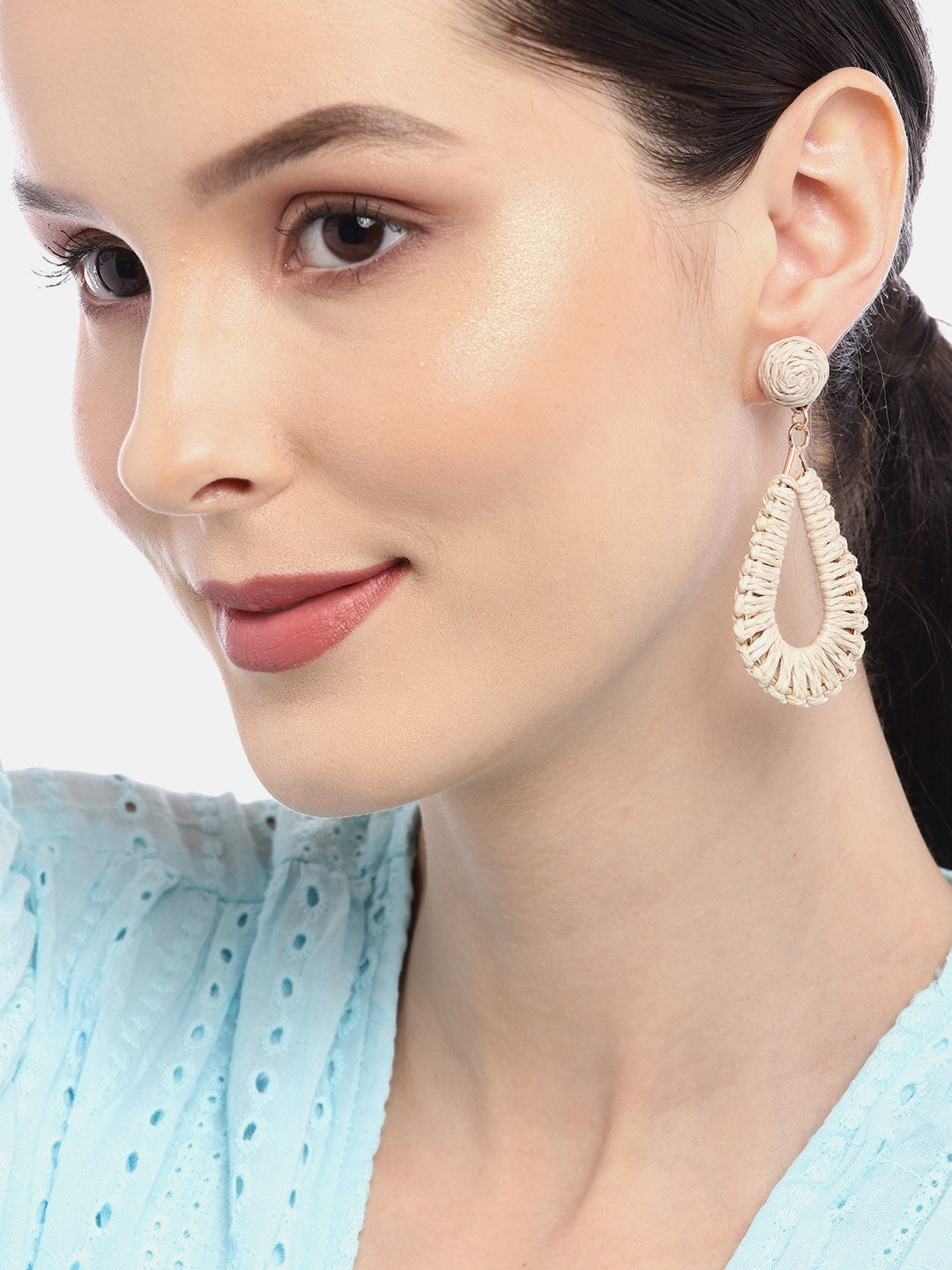 Beige & Gold- Toned Teardrop Shaped Drop Earrings