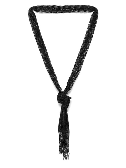 Black Artificial Beaded & Tasselled Knot Necklace