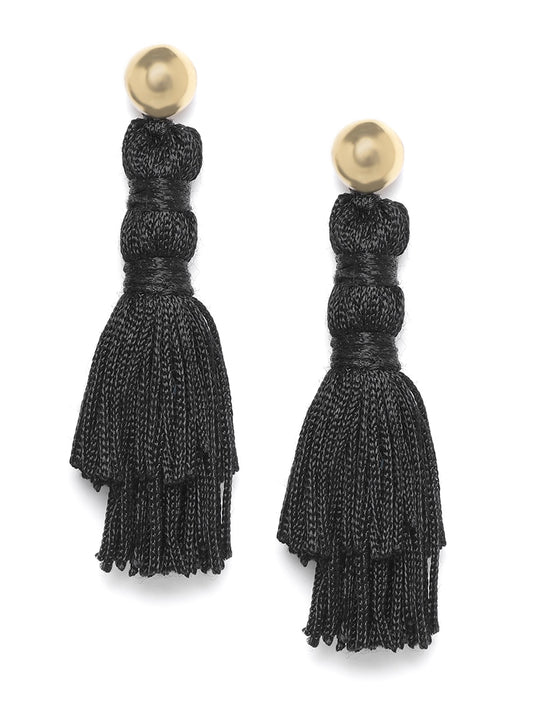 Black Gold-Plated Tasselled Contemporary Drop Earrings