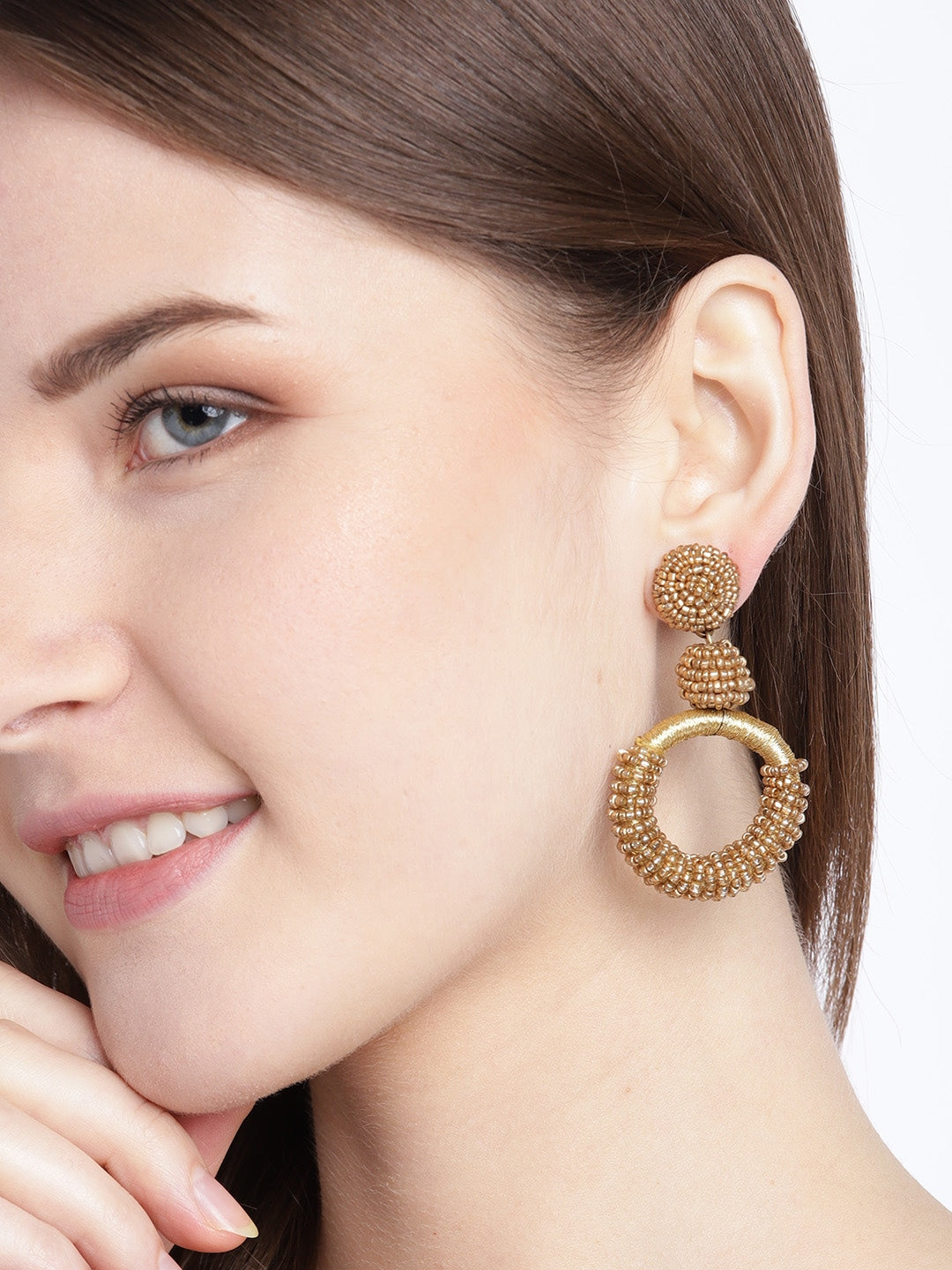 RICHEERA Gold-Toned Beaded Circular Drop Earrings
