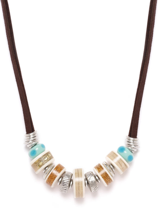 Women Beige & Turquoise Silver-Plated Blue Beaded Necklace