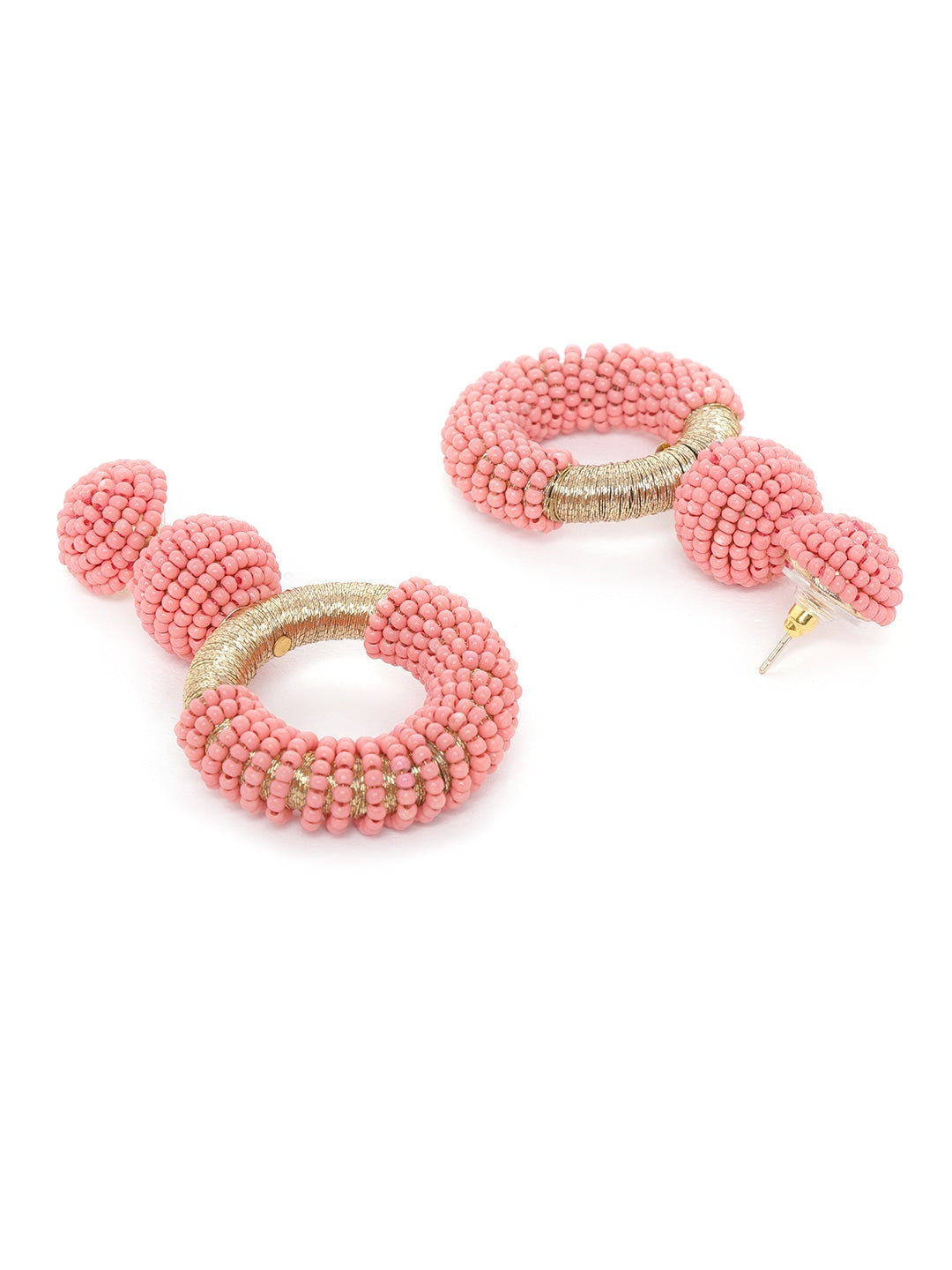 Pink & Gold-Toned Beaded Circular Drop Earrings