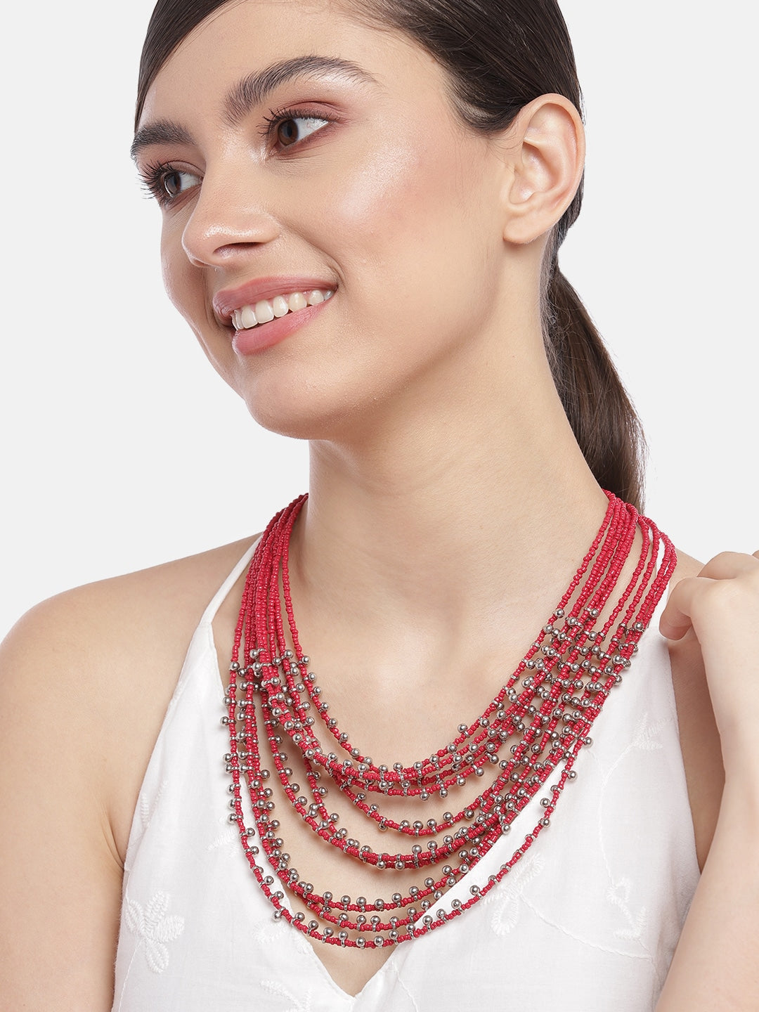 RICHEERA Red & Silver-Toned Beaded Necklace