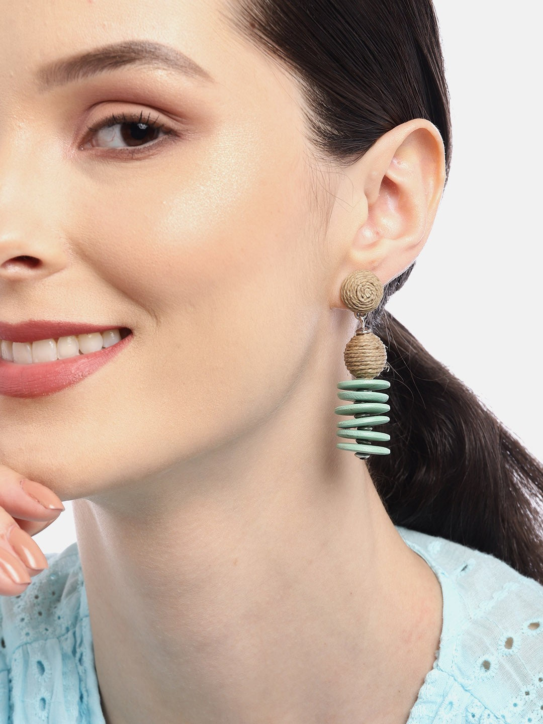 Green & Beige Contemporary Drop Earrings