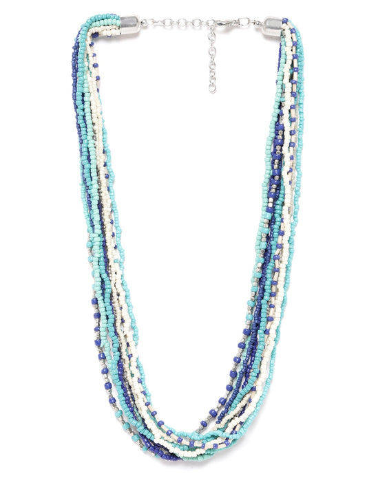Women Turquoise Blue & Off-White Silver-Plated Beaded Layered Necklace