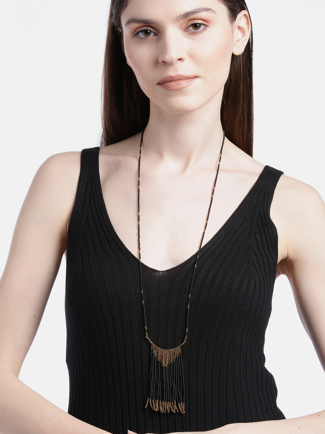 Black & Gold Beaded Antique Necklace with Fringed Detail